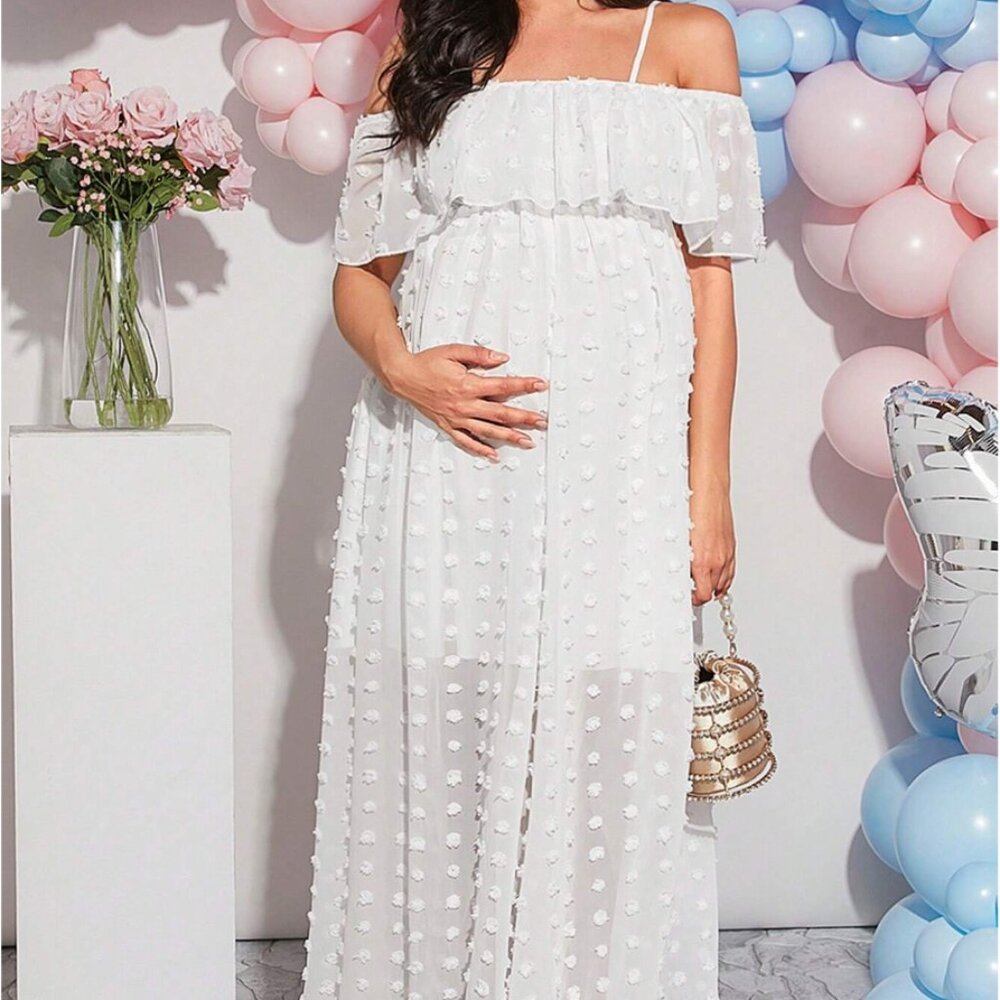 Shein White Maternity Pregnancy Baby Shower Gender Reveal Photoshoot Dress